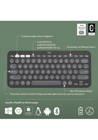 K380s Pebble Keys 2 Çoklu Cihaz Özellikli Bluetooth İngilizce Q