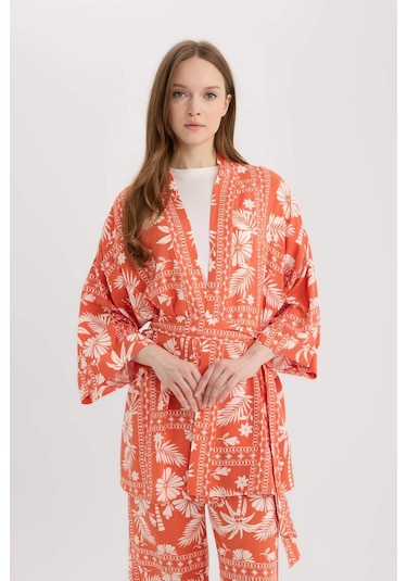 Defacto 	Relax Fit Desenli Kuşaklı Kimono D5443AX25SP Turuncu