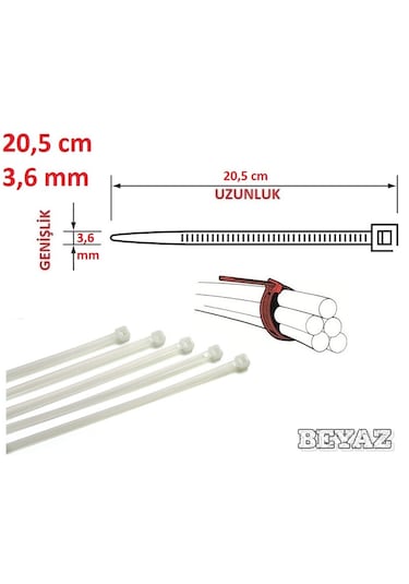 100 Adet 20cmx3,6mm Beyaz Plastik Cırt Kelepçe Kablo Bağı