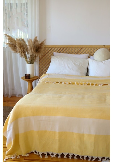 HAZAL Şerit Safir Desenli 200x240 cm Çift Kişilik Sarı