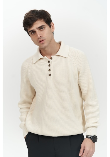 Vander Düğme Detay Ekru Erkek Triko Kazak Ekru