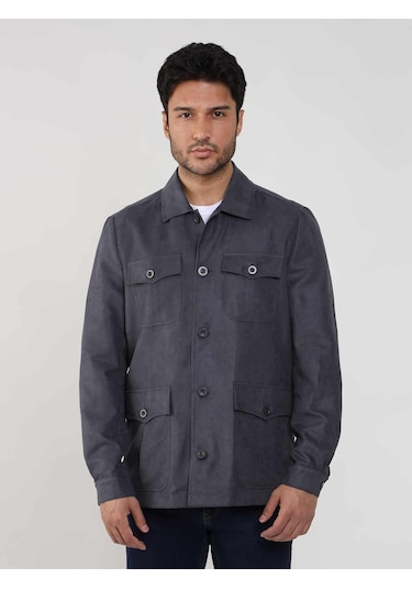 Dufy Gri Erkek Regular Fit Düz Klasik Yaka Süet Mont - 105399-Gri