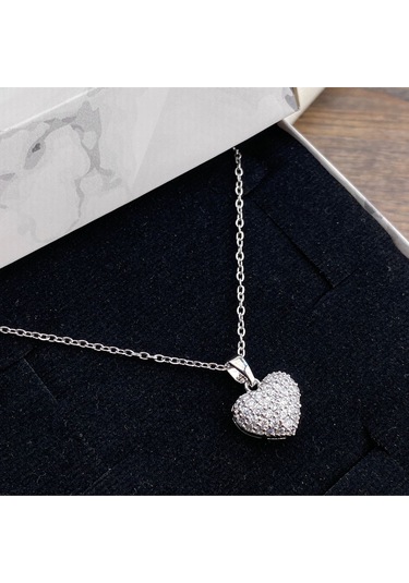 Kalp Kolye Full Zirkon Taşlı Kalp Kadın Kolye 45cm Silver