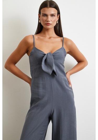 Fiyonklu Askılı Tulum Gri Gri