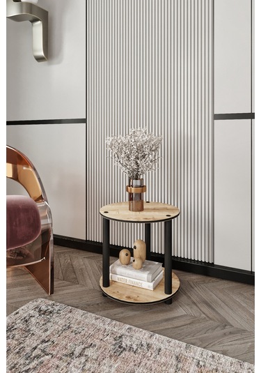 Dekoratif Masivo Kitaplık 2 Katlı 34 Çap Yuvarlak Çok Amaçlı Raf Safir Meşe Meşe