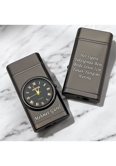 Kişiye Özel Çift Yön Baskı Turbo Jet Işıklı Saatli Çakmak -kutulu Ve Hediye Paketinde