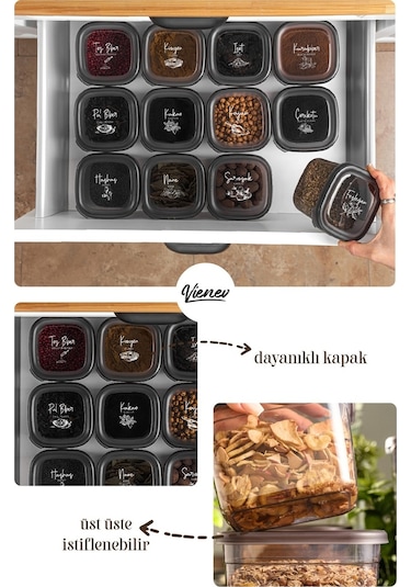 Vienev 24'lü Beyaz Serigrafi Etiketli Peggy Kare Erzak Ve Baharat Full Set 6x 1,75 1,2, 0,55, 0,45 Ant Şeffaf