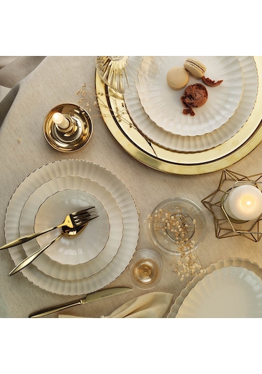 Kütahya Porselen Bone Luz Form 52 Parça Yemek Takımı Altın File