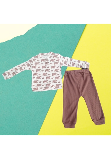 Babyrise Ayı Baskılı Erkek Bebek Takım Bej