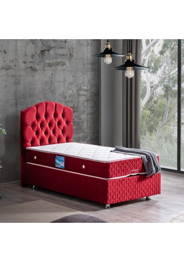 Setaymobilya Baza, Zümrüt Bordo Tek Kişilik Baza + Başlık + Orthosoft Yatak