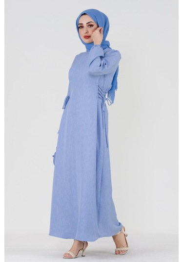 Yanı Bağcıklı Keten Elbise-bebe Mavi-3367-bebe Mavi Bebe Mavisi