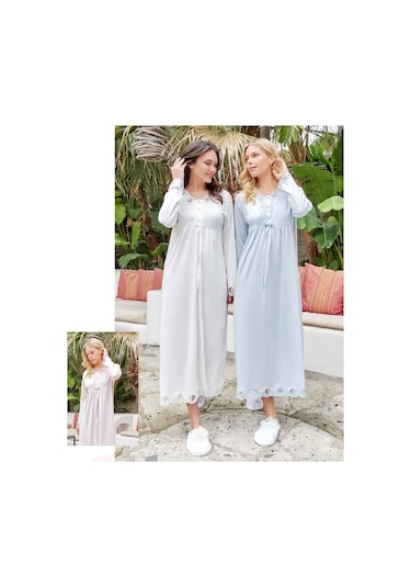 Bone Club Uzun Kol 5616 Kadın Gecelik Mavi V3 Mavi