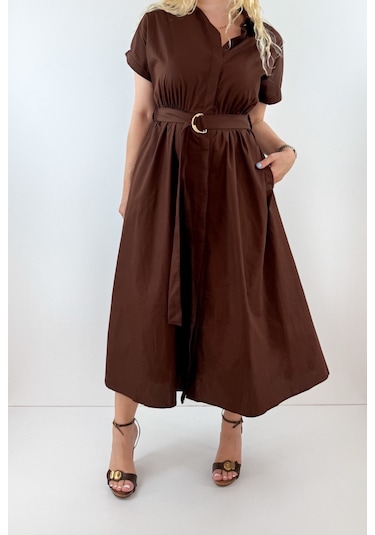 Modaonna Koyu Kahve Kemerli Gömlek Elbise