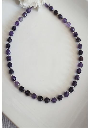 Badeaccessories Çokgen Ametist Amatist Doğal Taş Kolye