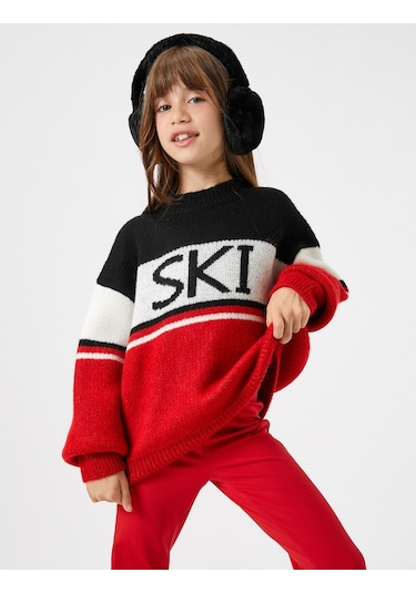 Koton Kazak Yuvarlak Yaka Renk Bloklu Yazı Detaylı Kırmızı 4wkg90018ht 4WKG90018HT401 Kırmızı