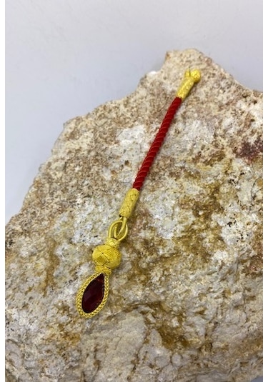 Kırmızı Zirkon Taşlı İpli Altın Rengi Kısa Püskül Kırmızı Altın-Tek Ebat