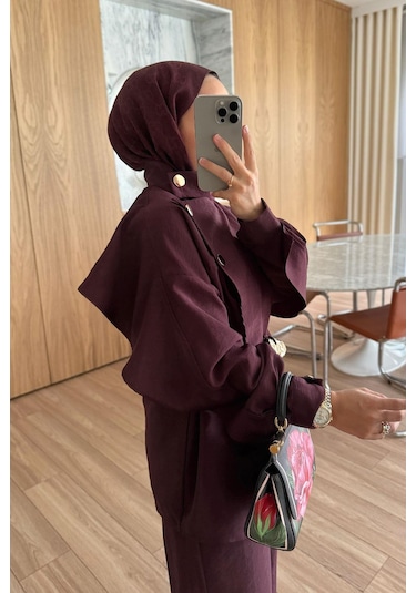 Kahijab Omuz Düğmeli Trenç Takım - Bordo Bordo