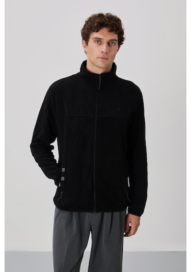 Tommy Life Siyah Yazı Nakışlı Dik Yaka Fermuarlı Standart Kalıp Erkek Sweatshirt Polar - 87992 Siyah