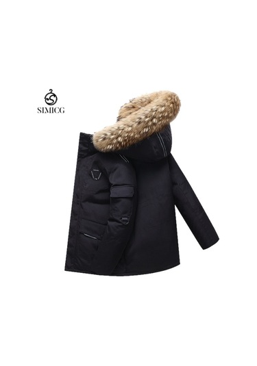 Erkekler İçin Açık Hava Kürk Yakalı Kalın Kışlık Ceket Siyah