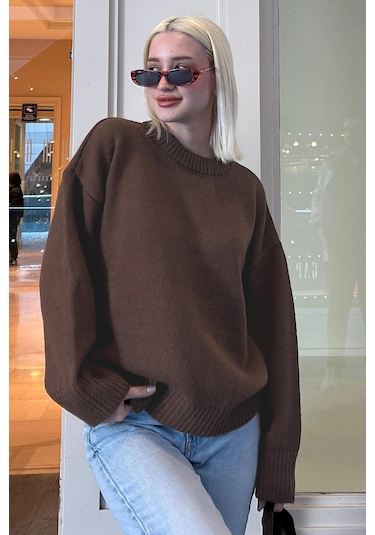 Kahverengi Bisiklet Yaka Oversize Triko Kazak Mg1972 Kahverengi