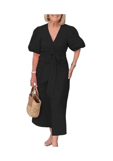 Yazlık Maksi Elbise V Yaka Bağcıklı Bel Kabarık Kollu Düz Renk Bol Siyah