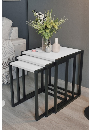 Bofigo 3'lü Metal Zigon Sehpa Zigon Sehpa Orta Sehpa Yan Sehpa Beyaz