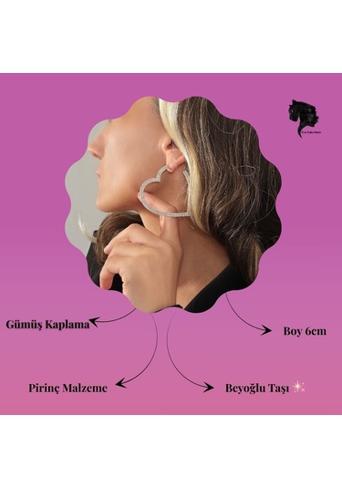 Büyük Kalp Model Beyoğlu Taşlı Abiye Gümüş Renk Küpe Gümüş