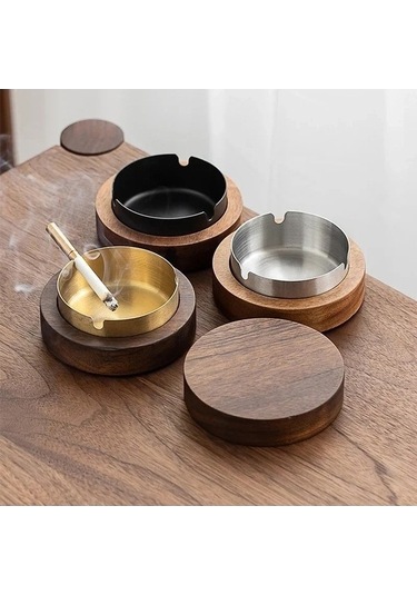 Ulzyvf Yaratıcı Tablası Sigara Rüzgar Paslanmaz Ofis Masaüstü Küllük Kül Kapaklı Ev Dekorasyon Ceviz Ahşap Altın Renk