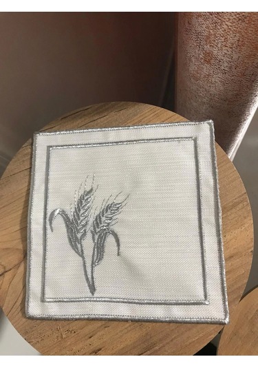 Nivemeshome Başak Nakışlı Gümüş Kare 6 Adet Keten Kokteyl Peçetesi Kahve Yanı Sunumluk Gümüş