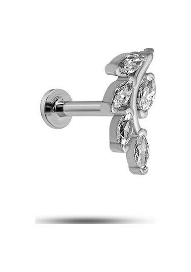 925 Ayar Gümüş Rodyumlu Minimal Zeytin Dalı Tragus Piercing Küpe
