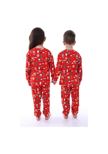 Zuzunga Yılbaşı Temalı Baston Şeker Desenli %100 Pamuk Unisex Pijama Takımı Kırmızı