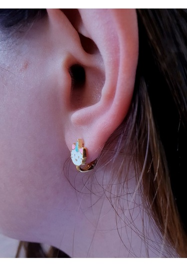 925 Ayar Gümüş Mineli Kedili Çocuk Küpesi Altın Renk