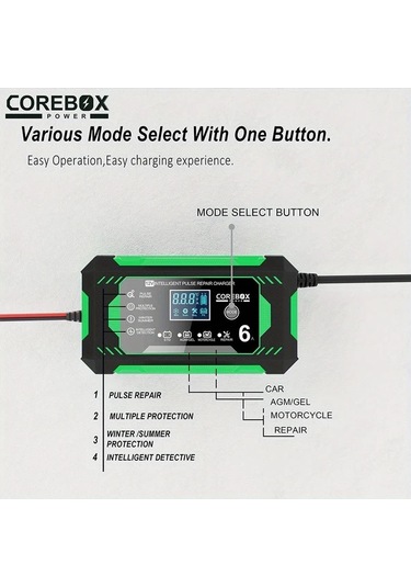Xuweiwei Yeşil Lcd Ekranlı 12v 6a Araba Akü Şarj Cihazı Agm Derin Döngü Gel Kurşun Asit Ve Lityum Demir Fosfat Aküler İçin İdeal Akü Dahil Değil