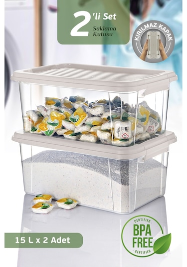 2'li Mega 15l Un Bakliyat Erzak Kabı - Kilitli Kapaklı Banyo Düzenleyici Deterjanlık Saklama Kutusu Bej