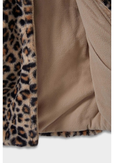 Defacto Kız Bebek Kapüşonlu Leopar Desenli Fermuarlı Pelüş Mont E7993a525aubg744 Bej