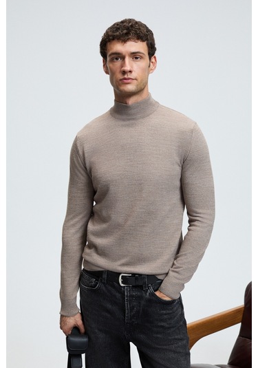 REBEL Erkek Yarım Balıkçı Yaka Basic Slim Fit Triko Vizon Kazak