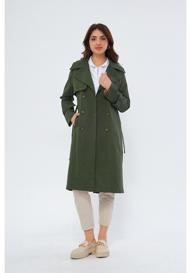 Pastelastore %100 Pamuk Gabardin Uzun 110cm Astarlı Kemerli Kadın Trençkot 1111 Koyu Haki