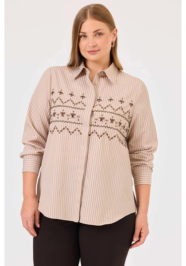 Galaxi Kadın Büyük Beden Çizgili Boncuk Detaylı Gömlek 4008 Vizon Vizon