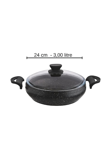 Granit Pro 24 Cm Basık Granit Güveç Tencere Siyah Bakalit Saplı Cam Kapaklı Yapışmaz