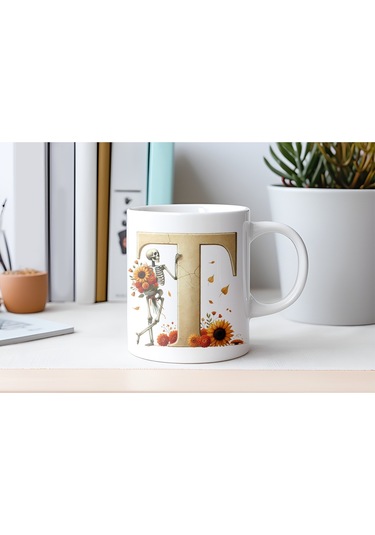 T Harfi Pembe Kareli Kalpli Göz Emojili Kupa Bardak Eğlenceli Kareli Tasarım Kahve Çay Kupası Beyaz