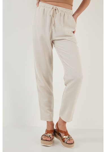 Lela Pamuk Ve Keten Karışımlı Yüksek Bel Rahat Kesim Cepli Bayan Pantolon 5865019 Bej