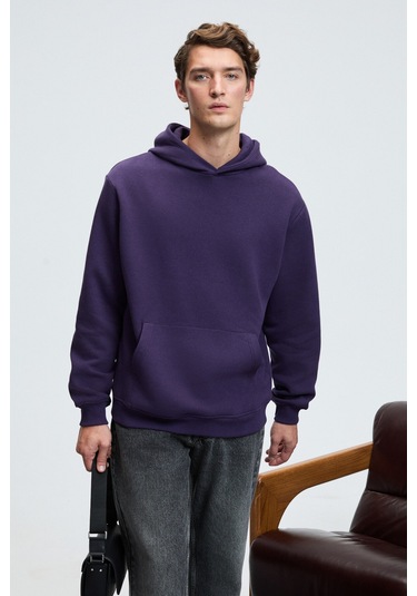AMOS Erkek Yumuşak Kumaşlı 3 İplik Oversize Kapüşonlu Kanguru Cepli Mor Sweatshirt