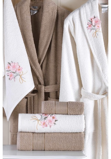 Newhome Mimoza2 6 Parça Kutulu %100 Pamuk Aile Bornoz Seti Krem/kahve Karışık