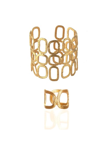 Kadın Mat Altın Kaplama Dikdörtgen Formlu Tasarım Bileklik & Yüzük Seti Altın