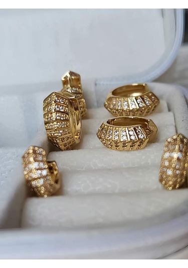 6'lı Oval Minimalist Hoop Zirkon Taşlı Altın Kaplama Gold Renk Küpe Seti Altın