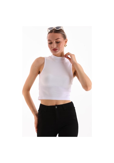 Loısy Kadın Likralı Kolsuz Crop Bluz BEYAZ Beyaz