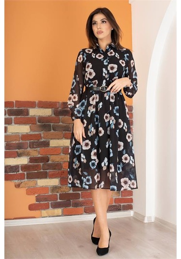 Neşeli Butik Kadın Siyah Kemerli Gömlek Yaka Şifon Elbise Ry0031 Mint Yeşili