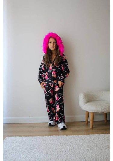 Kız Çocuk Peluş Kapüşonlu Alt Üst Sportif Eşofman Takımı Fermuar Kapamalı Pembe