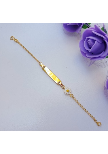 22 Ayar Altın Kaplama Papatyalı İsimli Çocuk Gümüş Bileklik Künye