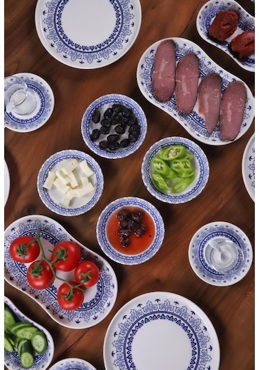 Bambum 49 Parça 6 Kişilik Lenny Porselen Kahvaltı Takımı - Lüx Kahvaltılık Sunum Seti Beyaz - Mavi